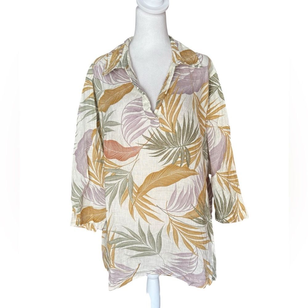 Tahari Linen Blouse Floral Hawaiian Resort Vacation Tunic Womens Size 3X
